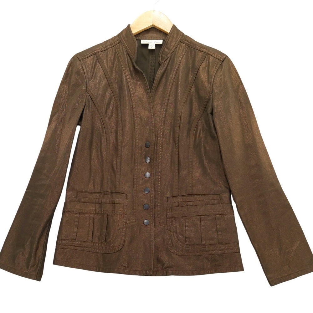 Coldwater Creek Blazer Women 8 Bronze Metallic Stand Collar Shimmer Jacket